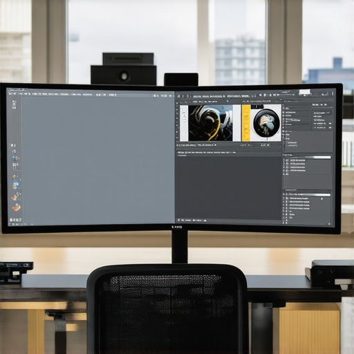 A professional workspace with adjustable ergonomic monitor arms, calibration devices, and color-accurate displays