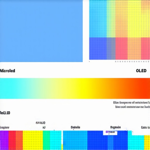 Side-by-side comparison of MicroLED and OLED panels showing differences in lifespan, brightness, and color accuracy.