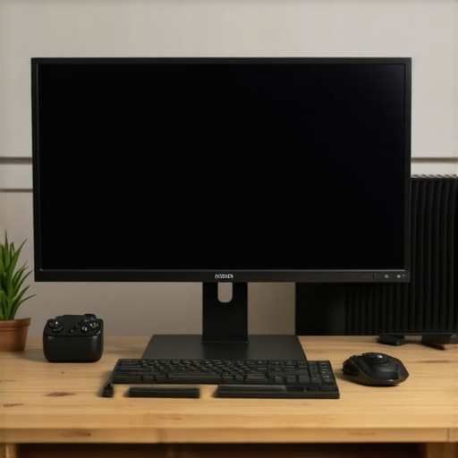 A professional 4K monitor setup with color calibration tools in a creative workspace