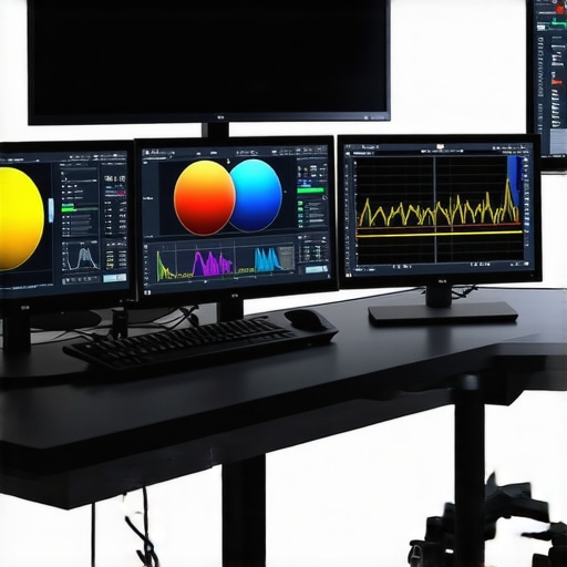 Multiple monitors showing real-time color calibration and AI software interface