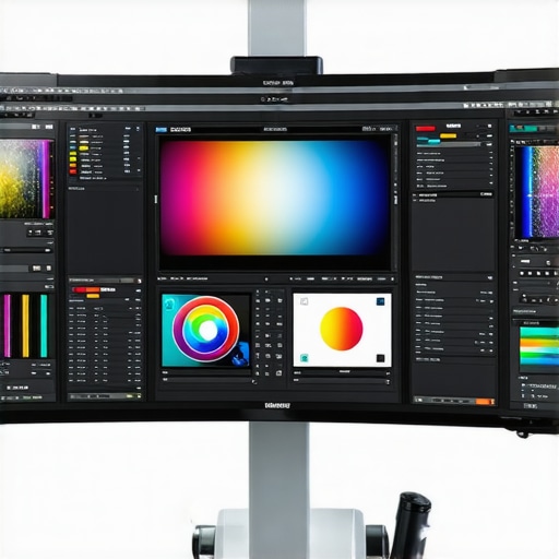 Professional monitor with calibration tools and color grading software in a bright studio environment.