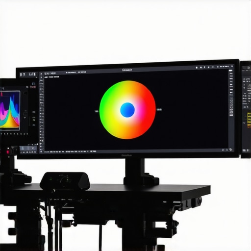 Professional displaying calibration device on a monitor in a studio setting.