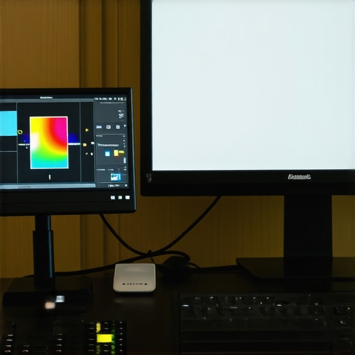 High-end monitor calibration setup showing spectrophotometer and calibration software in a professional studio