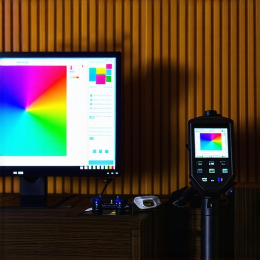 Studio setup with professional calibration tools and HDR monitor for color accuracy