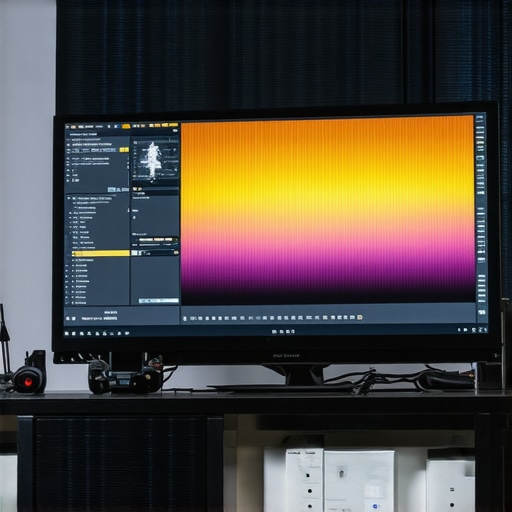 Close-up of a professional monitor with calibration tools and HDR capabilities in a studio setting
