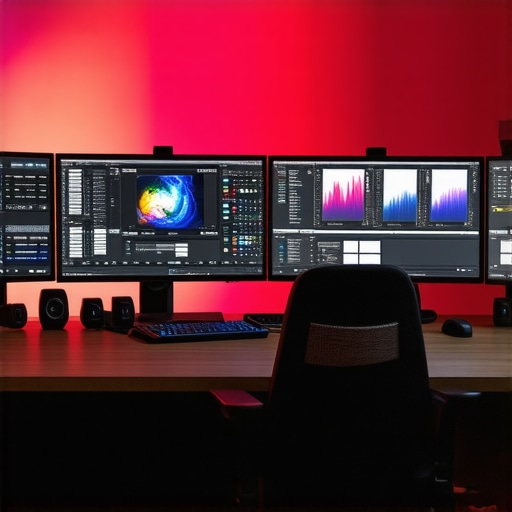 A professional editing workspace with dual calibrated HDR monitors for color accuracy.