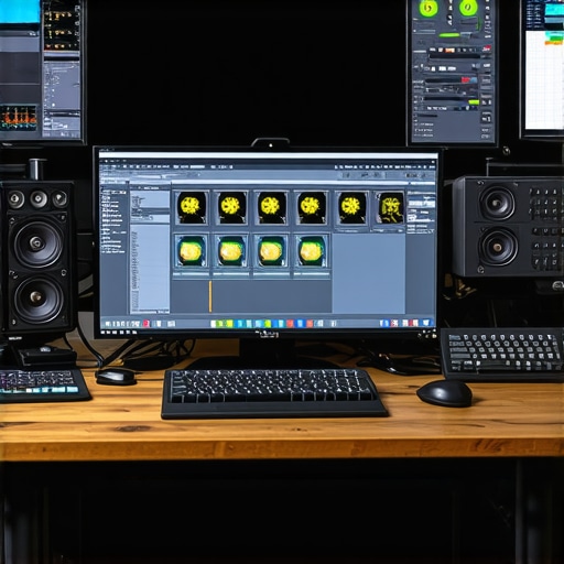 Professional color calibration devices calibrate a high-end monitor in a creative workspace.