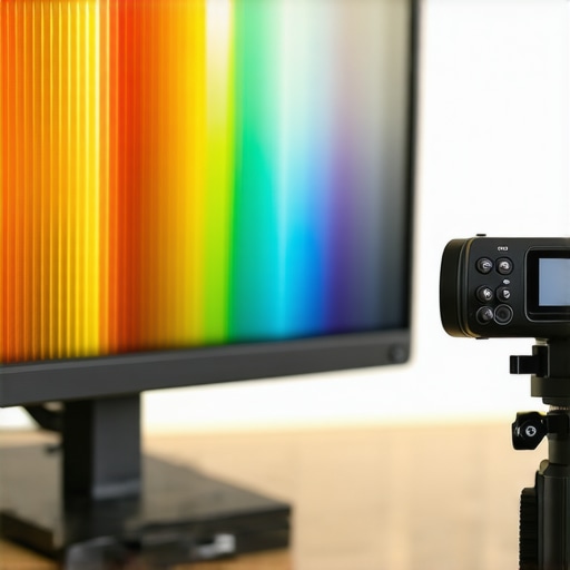 Technician calibrating a high-end HDR monitor using a spectrophotometer.