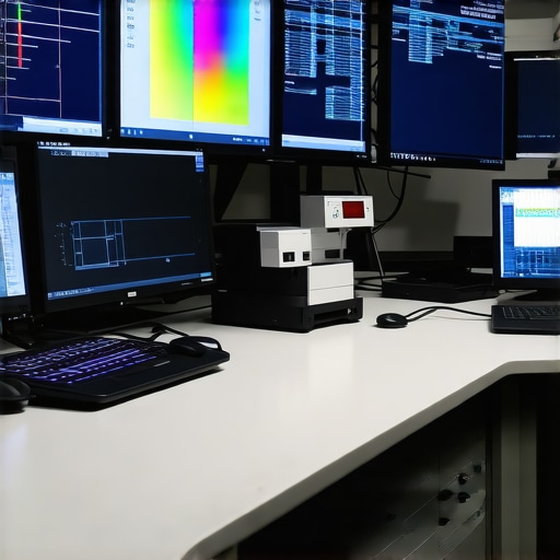 A professional calibration laboratory with spectral measurement instruments and reference displays ensuring high color accuracy.