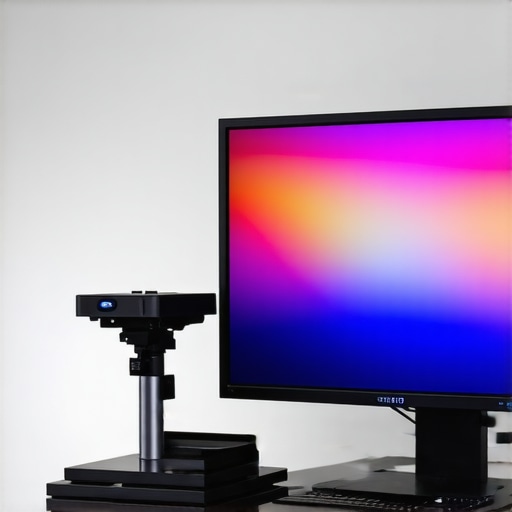 Spectrophotometer calibrating a professional HDR 4K monitor in a dark room.