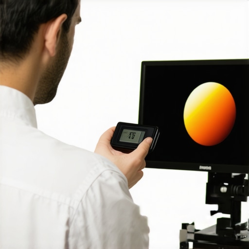 Technician calibrating a high-end monitor using specialized equipment in a controlled environment