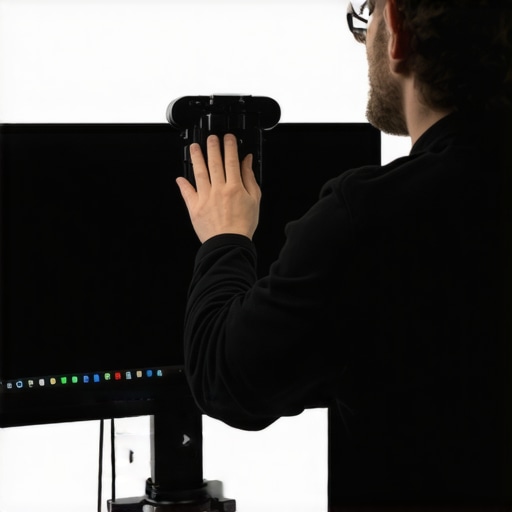 Photographer adjusting calibration device on 4K HDR professional monitor.