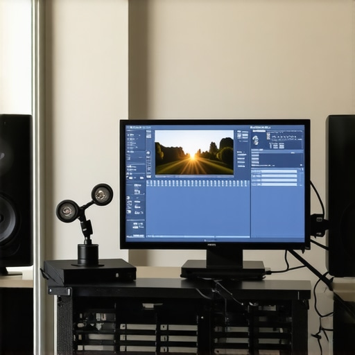 Studio setup featuring a high-end calibrated professional monitor with calibration hardware.