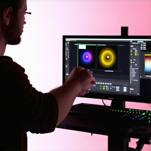 Colorist calibrating a high-end monitor with specialized device in a dark studio environment
