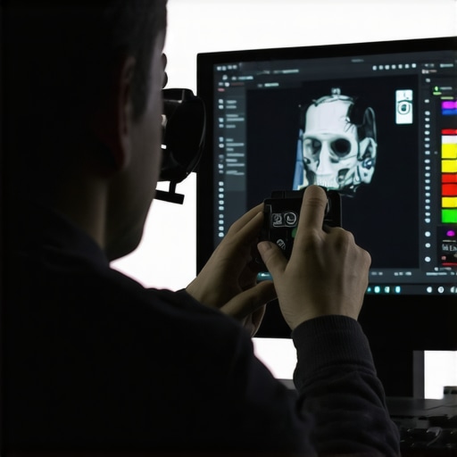 Photographer calibrating monitor using spectrophotometer in studio environment.