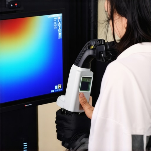 Expert calibrating a high-end monitor with specialized equipment in a studio environment.