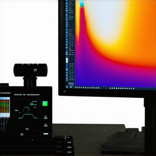 A spectral measurement device calibrates a professional monitor with ambient lighting control for color accuracy.