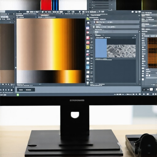 Close-up of a 4K monitor with color calibration tools and spectrophotometers in a professional studio setting.