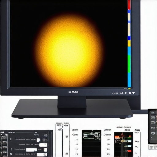 Spectrophotometer measuring colors on a professional 4K HDR monitor in a controlled environment.