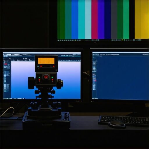 Spectrophotometer measuring spectral data on a professional monitor in a studio.