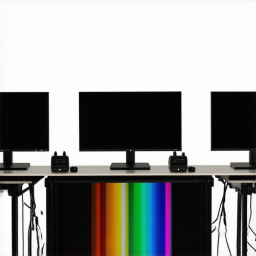 Professional environment with calibration instruments and ultra-high-definition monitors.