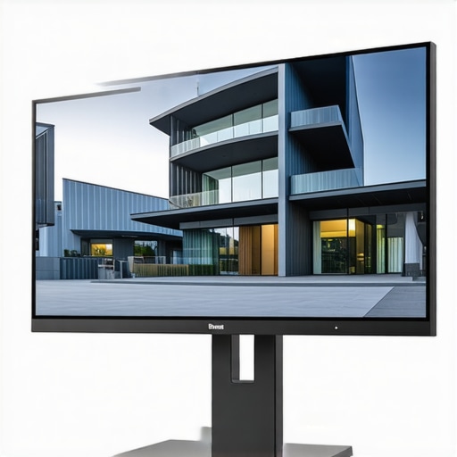 Close-up of a professional HDR monitor showcasing architectural visualization with vivid colors and detailed lighting.