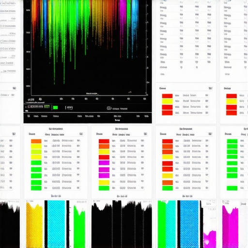 Close-up of a professional 4K monitor showing calibration and testing displays with spectral and color charts.