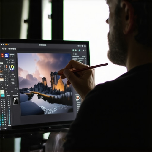 Professional calibrator adjusting brightness and contrast settings on a high-end HDR monitor in studio environment.