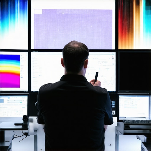 Technician adjusting color accuracy of several 4K HDR monitors using spectral measurement devices.