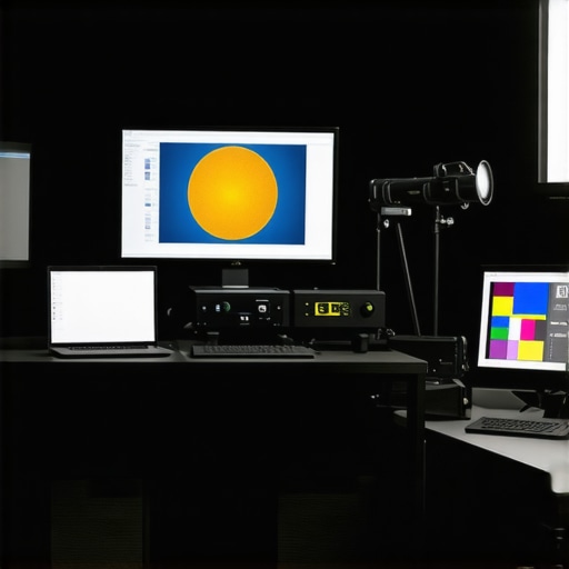 A professional calibration environment showcasing spectral measurement tools and calibrated high-end monitors.