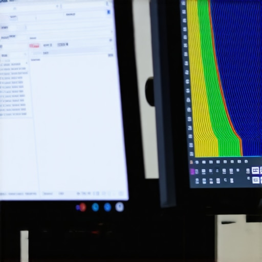 A professional-grade monitor during spectral calibration with measurement device in a well-lit lab environment