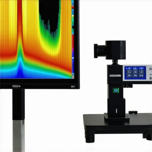 Spectroradiometer device measuring spectral emission of a professional 4K display during calibration process
