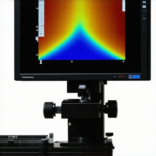 Professional spectroradiometer measuring monitor luminance and color uniformity in a modern editing suite.