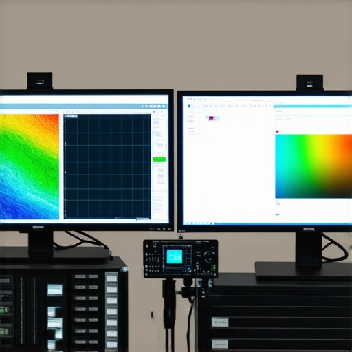 A professional workspace showcasing calibration equipment and high-end monitors with color management devices