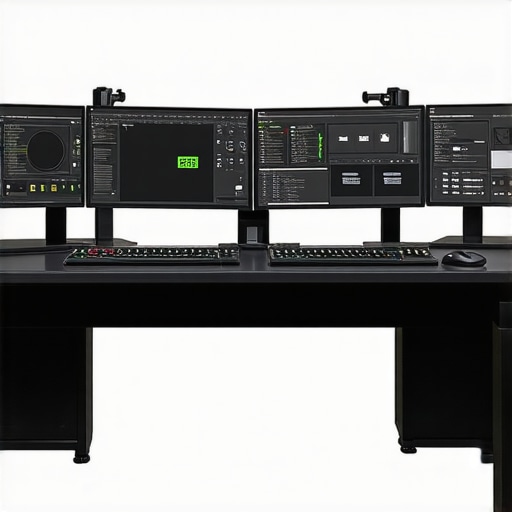 Dual 16K HDR monitors connected to powerful GPUs, illustrating complex data processing for professional visual production.