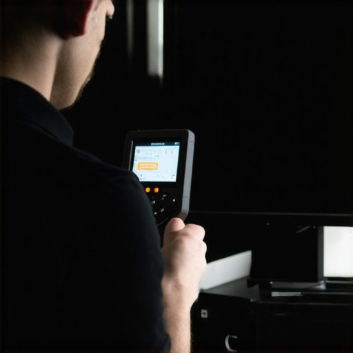Technician calibrating an HDR monitor with a spectrophotometer in studio lighting conditions.