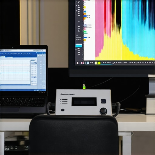Professional spectral measurement device calibrating a high-end monitor in a studio