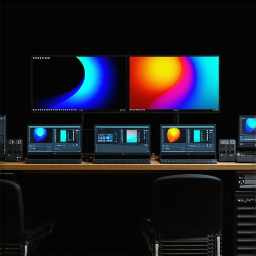 A professional workstation showcasing MicroLED and quantum-dot monitors with advanced calibration tools and AI systems for color management.