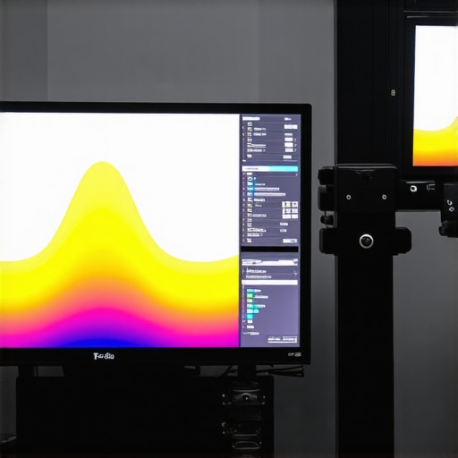 Spectroradiometer device measuring luminance and spectral output of a 4K HDR monitor during calibration.