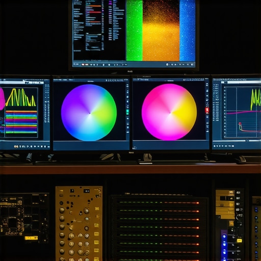 Advanced monitor calibration setup in a studio environment Professional monitor calibration hardware with color target and spectroradiometer in a studio setting