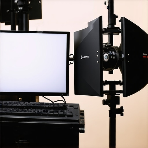 HDR monitor luminance calibration in professional studio Technician using calibration tools on a large HDR monitor in a professional post-production studio.