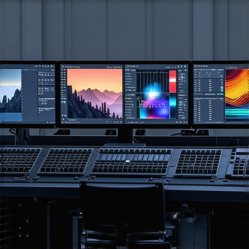 Futuristic professional workstation showcasing next-generation HDR monitor and AI calibration technology.