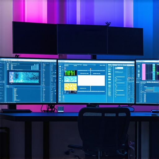 Optimized environment for high-precision color calibration A professional studio setup with calibrated high-resolution monitors, spectral calibration instruments, and adjustable ambient lighting