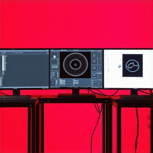 Precision Calibration in Modern Studios Spectral sensors calibrating multiple professional monitors in a high-end studio setting.