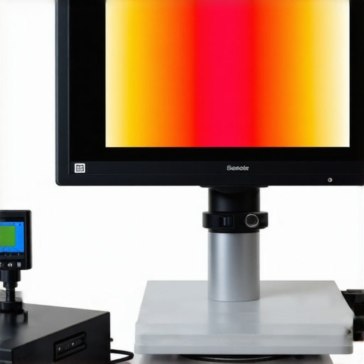 Spectrophotometer measuring monitor color accuracy in a studio setting