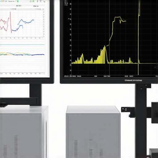 A technician calibrates professional monitors using colorimeters in a specialized lab environment.
