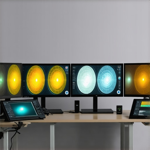 High-end monitors during calibration with spectral measurement instruments in a professional studio environment.