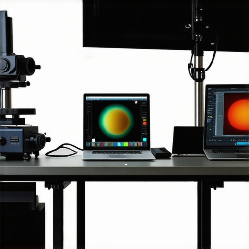 Advanced Calibration Equipment in Action Spectral measurement tools calibrating a professional monitor in a control room.