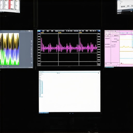 Multiple professional monitors being calibrated with specialized tools in a laboratory setting.