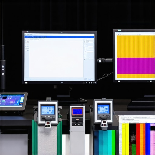 Advanced Monitor Calibration Tools in Use Technicians calibrating a high-end professional monitor with spectral measurement equipment.